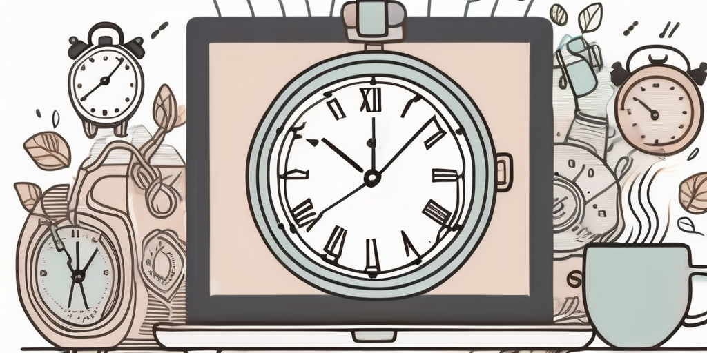 A clock intertwined with various symbols of entrepreneurship (like a briefcase